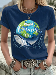 Women's World Ocean Day Print Casual T-Shirt