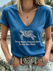 Women's World Ocean Day Print V-Neck Casual T-Shirt