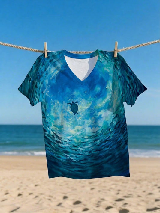 Women's Sea Turtle World Ocean Day Printed V-neck T-shirt