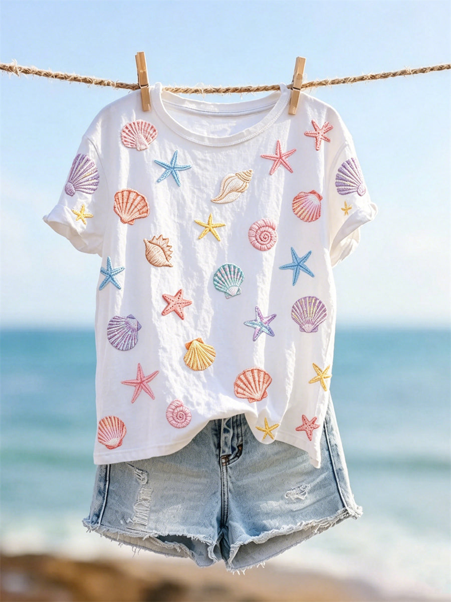 Women's Colorful Starfish Sea Shells Pattern Print short-sleeved T-shirt