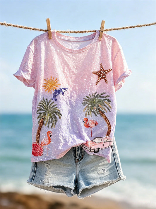 Women's Seaside Vacation Elements Glitter Gradient Print short-sleeved T-shirt