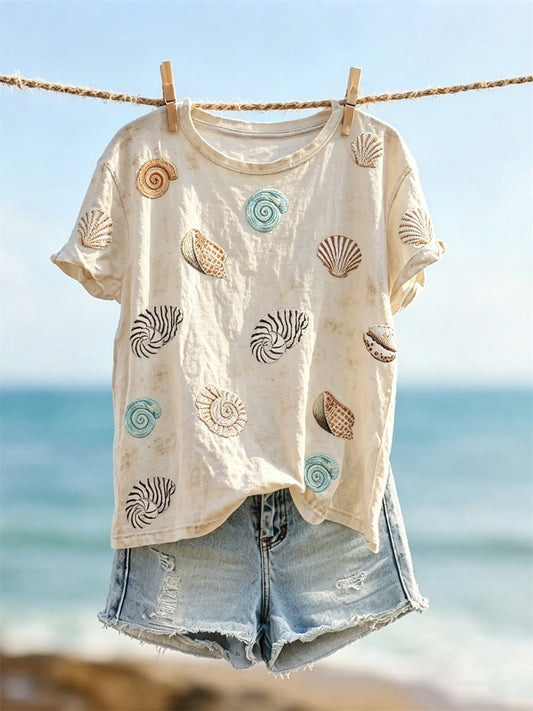 Women's Beach Sea Shells & Conch Print short-sleeved T-shirt