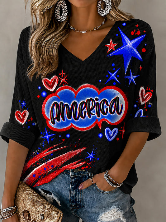 Women's Airbrush Style 4th of July Graffiti Print Waffle T-shirt