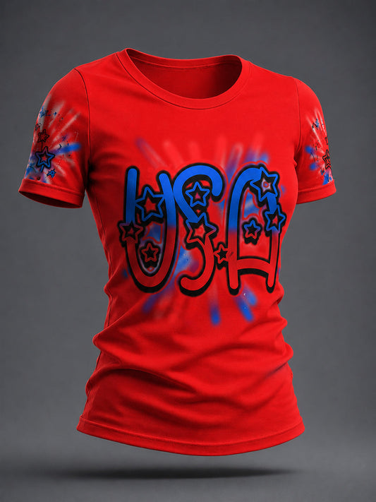 Women's Airbrush Style 4th of July Graffiti Print T-shirt