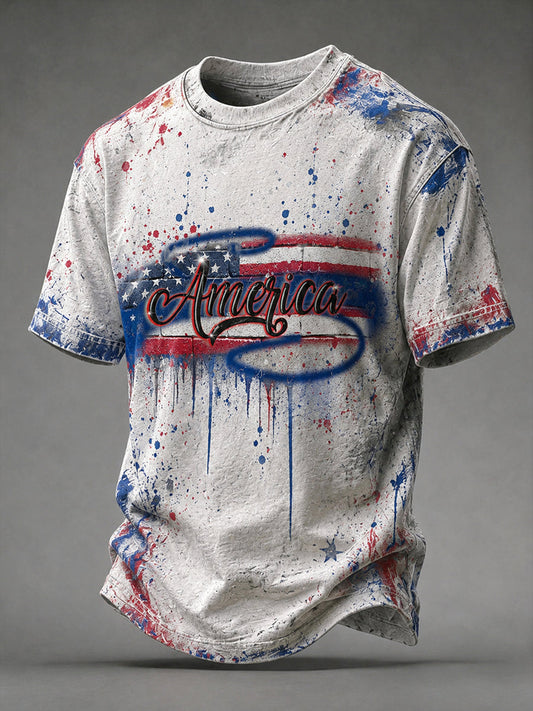 Men's Airbrush Style 4th of July Graffiti Print T-shirt