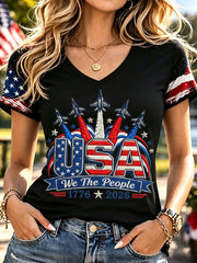 Women's Independence Day USA Flag Jet Print Casual V-Neck Patriotic Tee