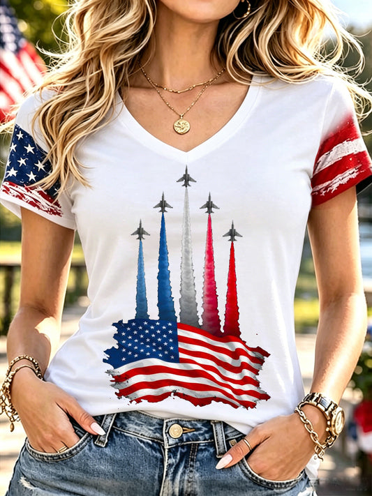 Women's Independence Day USA Flag Jet Print Casual V-Neck Patriotic Tee
