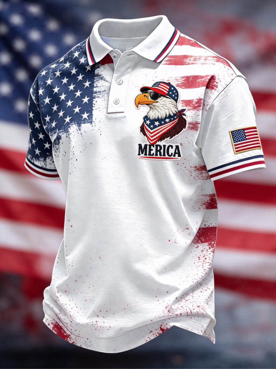 Men's Independence Day Bald Eagle USA Flag Print Casual Patriotic Polo