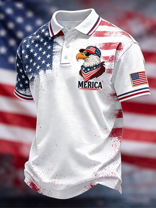 Men's Independence Day Bald Eagle USA Flag Print Casual Patriotic Polo