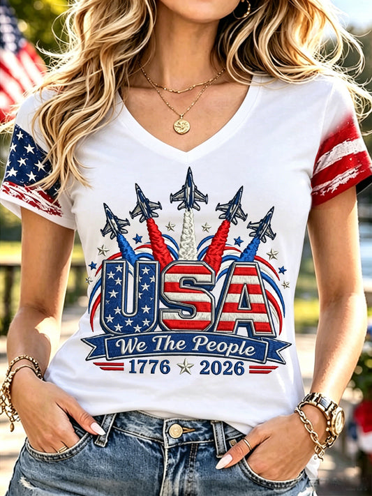 Women's Independence Day USA Flag Jet Print Casual V-Neck Patriotic Tee
