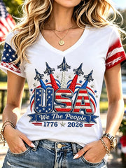 Women's Independence Day USA Flag Jet Print Casual V-Neck Patriotic Tee