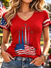 Women's Independence Day USA Flag Jet Print Casual V-Neck Patriotic Tee