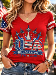 Women's Independence Day USA Flag Jet Print Casual V-Neck Patriotic Tee