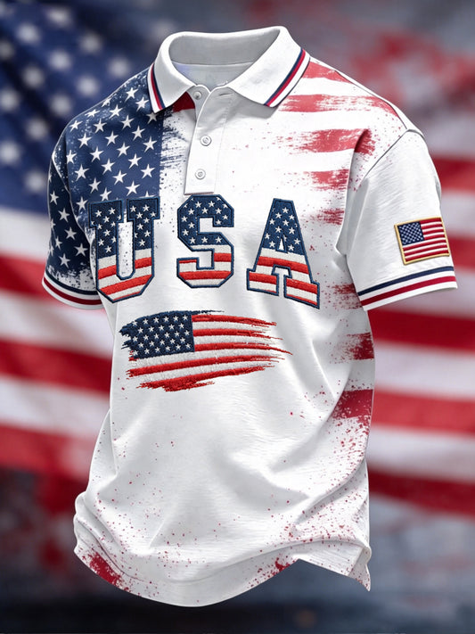 Men's Independence Day USA Flag Print Casual Patriotic Polo