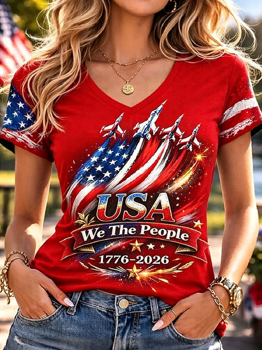 Women's Independence Day USA Flag Print Casual Patriotic Tee
