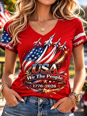 Women's Independence Day USA Flag Print Casual Patriotic Tee