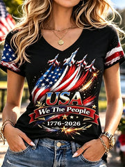 Women's Independence Day USA Flag Print Casual Patriotic Tee