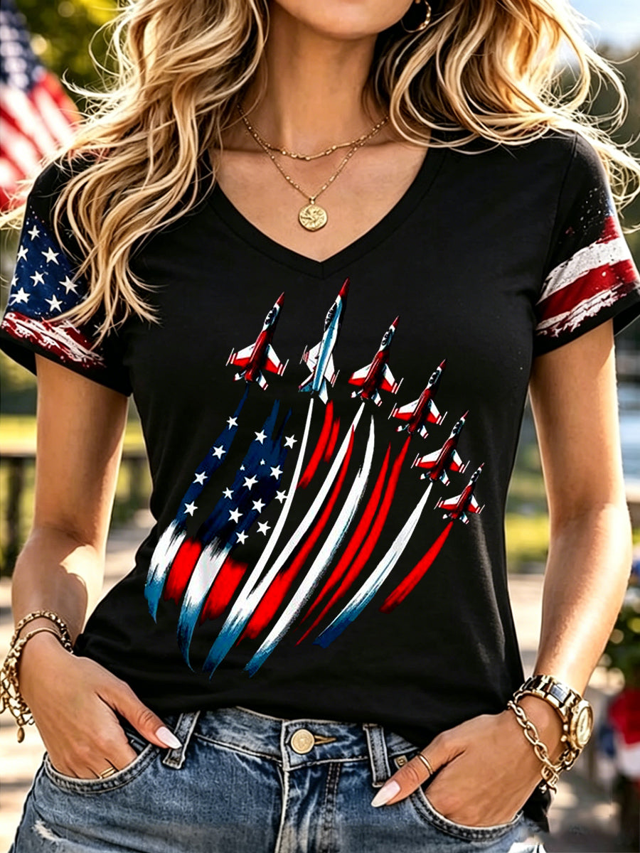 Women's Independence Day USA Flag Jet Print Casual V-Neck Patriotic Tee