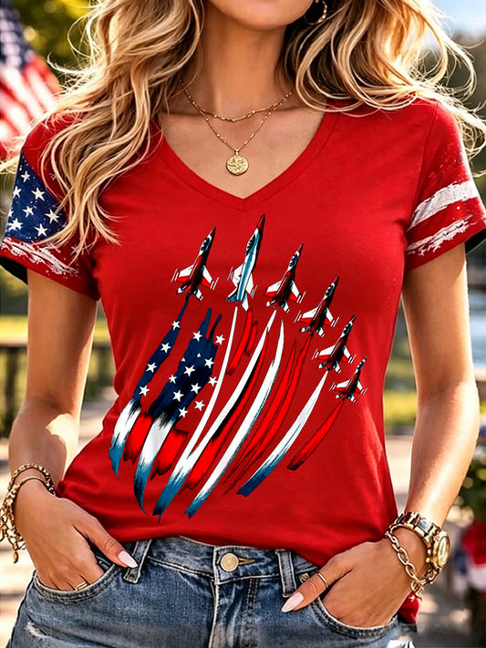 Women's Independence Day USA Flag Jet Print Casual V-Neck Patriotic Tee