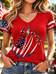 Women's Independence Day USA Flag Jet Print Casual V-Neck Patriotic Tee