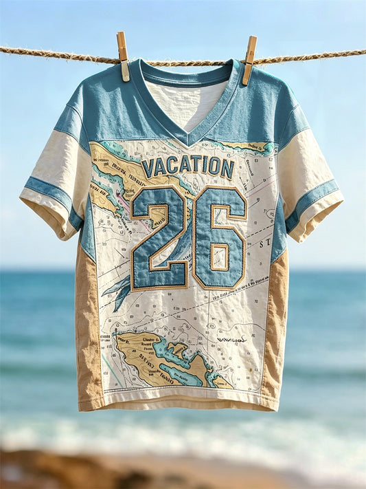 Women's Vacation 2026 Whale & Map Inspired Print Jersey T-shirt