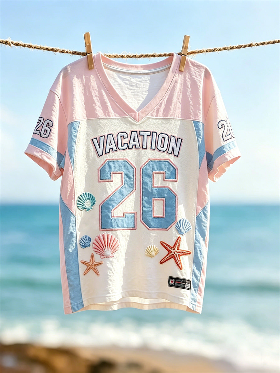 Women's Vacation 2026 Starfish & Seashells Print Jersey T-shirt