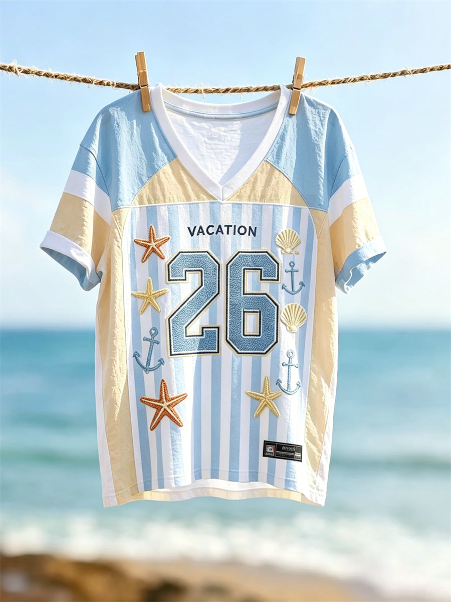 Women's Vacation 2026 Starfish Seashells Sailor Inspired Print Jersey T-shirt