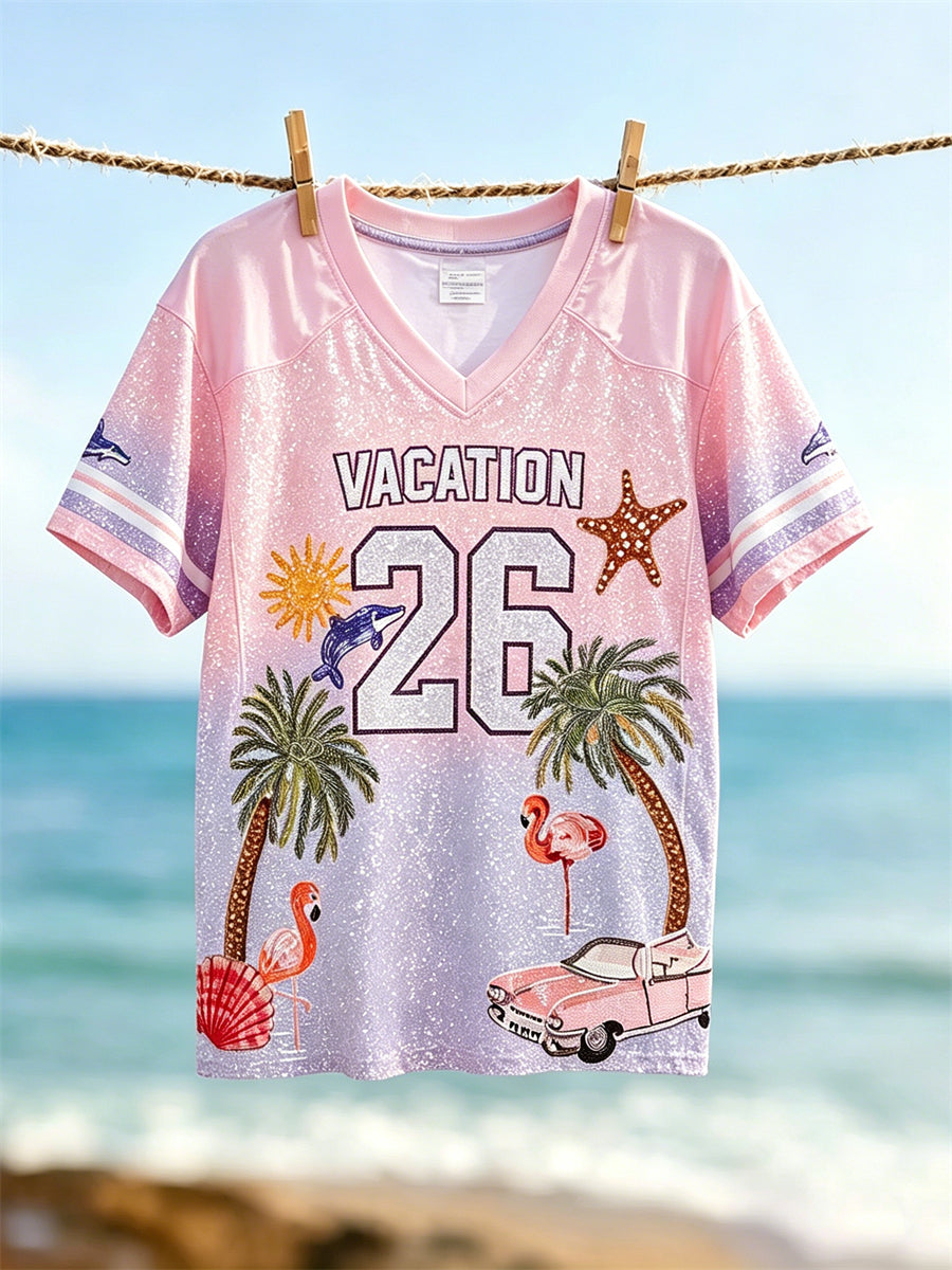 Women's Vacation 2026 Beach Vacation Gradient Glitter Print Jersey T-shirt