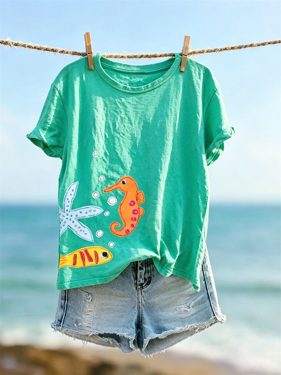 Women's Lovely Seahorse Starfish & Fish Print short-sleeved T-shirt