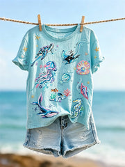 Women's Dreamy Lovely Marine Life Art Print short-sleeved T-shirt