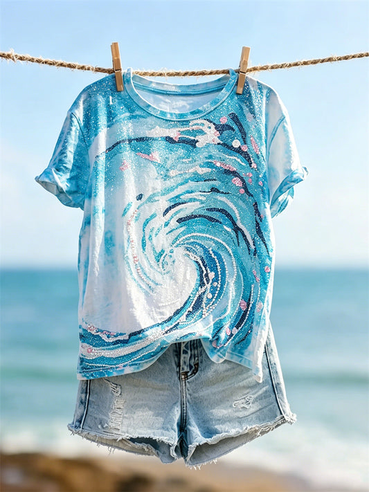 Women's Elegant Sea Waves Glitter Art Print short-sleeved T-shirt