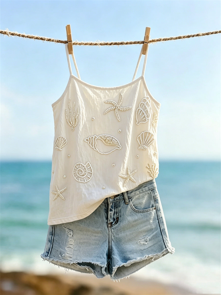 Women's Classy Starfish & Seashells Beaded Print Cami Top
