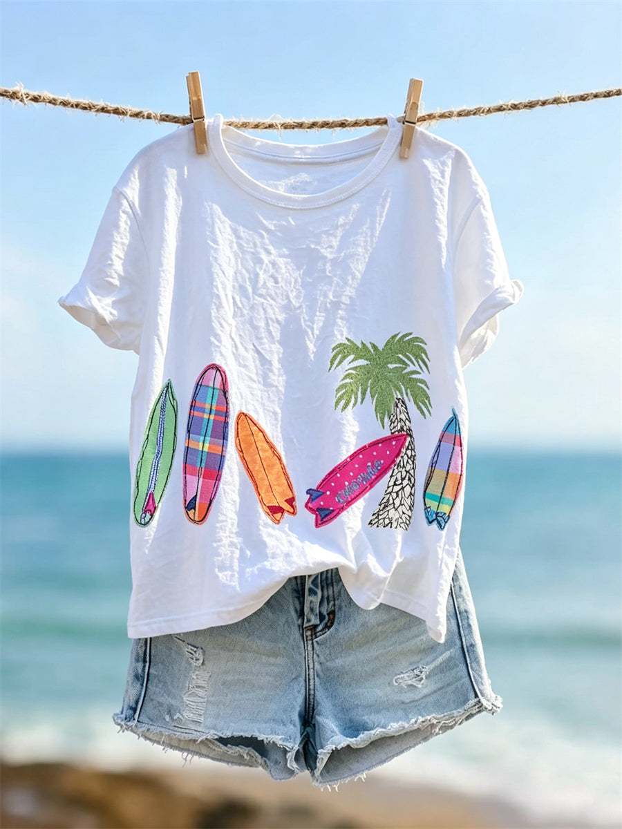 Women's Beach Vacation Palm Tree & Surfboards Print short-sleeved T-shirt