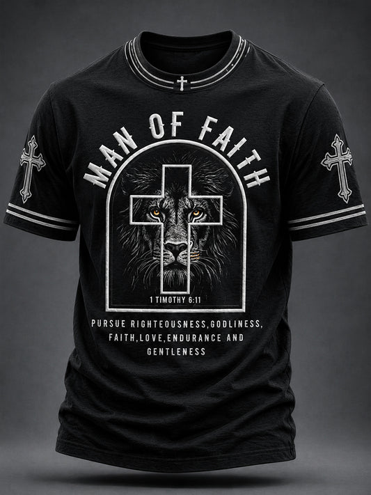 Men's Christian Man of Faith Lion and Cross Short Sleeve T-shirt