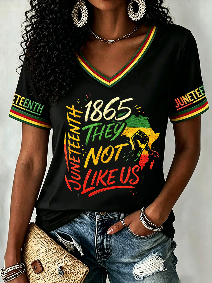 Women's Juneteenth They Not Like Us Since 1865 Print Casual V-Neck Tee