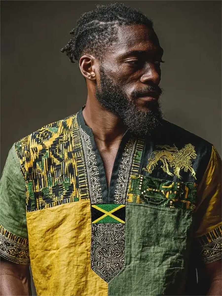 Men's Reggae Lion Jamaica Flag African Kente Colorblock Print Short Sleeve Shirt