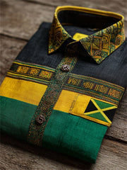 Men's Jamaica Flag Inspired African Kente Colorblock Print Short Sleeve Shirt