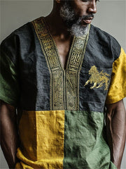 Men's Reggae Lion Ethnic Jamaica Flag Inspired Colorblock Print Short Sleeve Shirt