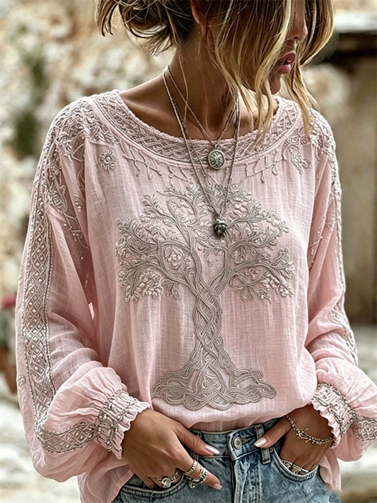 Women's Vintage Viking Tree of Life Print Cotton-Linen Shirt