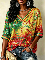 Women's Reggae Glitter Art Mid-length Sleeves V-Neck T-Shirt