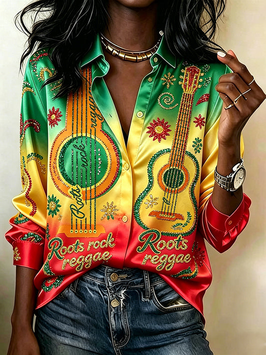 Women's Roots Rock Reggae Rasta Color Satin Shirt