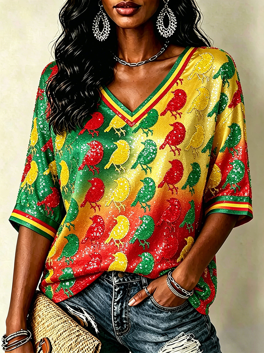 Women's Reggae Birds Glitter Art Print Mid-length Sleeves V-Neck T-Shirt