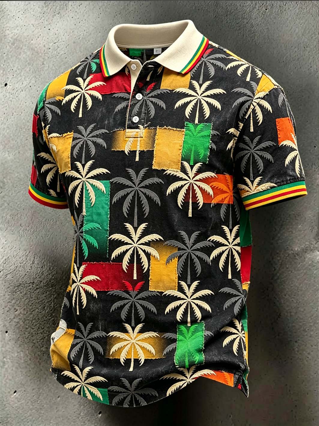 Men's  retro reggae color-blocked design casual polo shirt