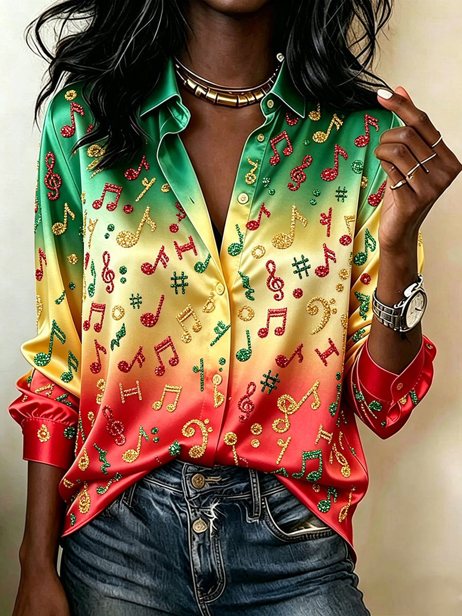 Women's Musical Notes Glitter Art Print Rasta Color Satin Shirt
