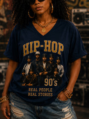 Women's Retro 90s Old School Hip-Hop Print Casual V-Neck Tee