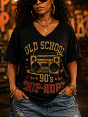 Women's Retro 90s Old School Hip-Hop Print Casual V-Neck Tee
