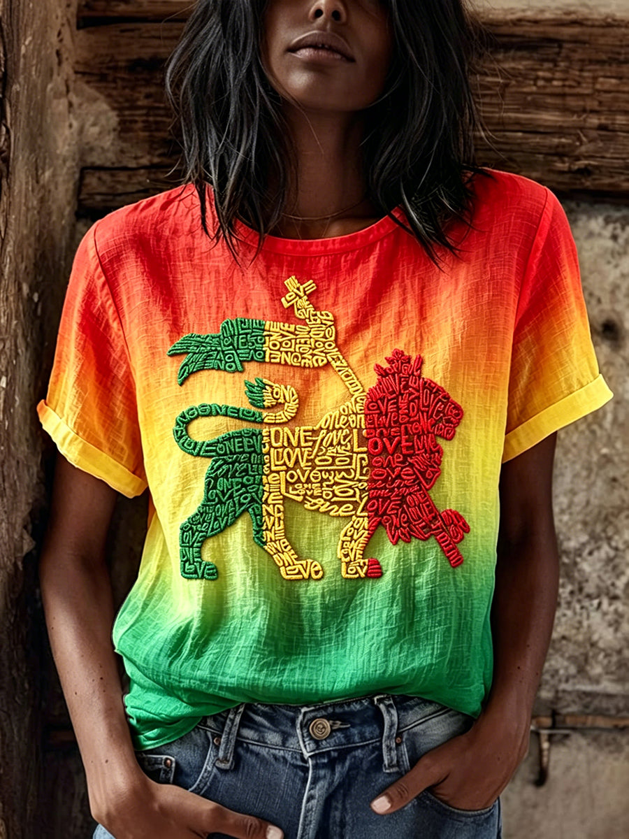 Women's Reggae Lion Print Rasta Color Gradient Linen Short-sleeved T-shirt