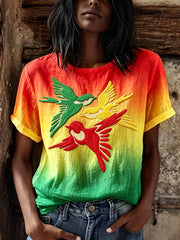 Women's Reggae Birds Print Rasta Color Gradient Linen Short-sleeved T-shirt