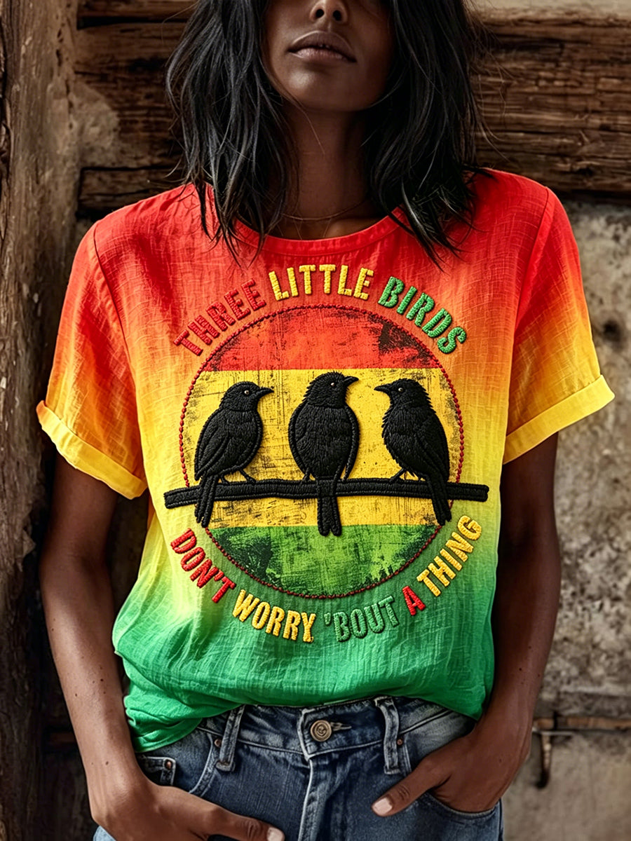 Women's Reggae Birds Print Rasta Color Gradient Linen Short-sleeved T-shirt