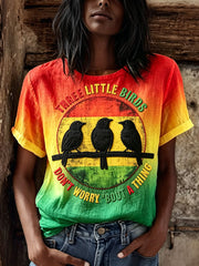 Women's Reggae Birds Print Rasta Color Gradient Linen Short-sleeved T-shirt